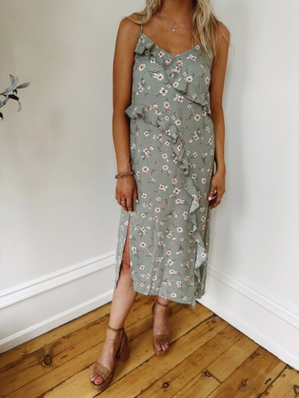 Sage Floral Ruffle Slip Dress - By Hem & Thread